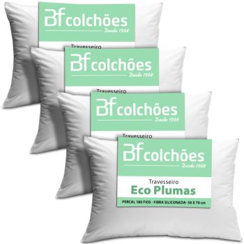 Kit 4 Travesseiro Antialérgico Percal 180 Fios Ecoplumas Fibra Siliconada Macio Lavável 50x70x14cm – bf Colchões