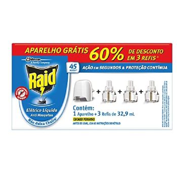Kit Repelente Líquido Elétrico Raid Aparelho + 3 Refis de 32.9ml Oferta Especial, Raid