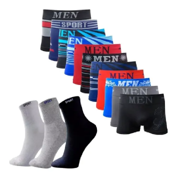 Kit 10 Cuecas Boxer Adulto + 12 Pares Meias Sport Longa