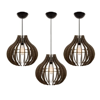 Combo Kit com 3 Pendentes Lótus Ana Maria Madeira Lustre Luminária 30Cm Sala