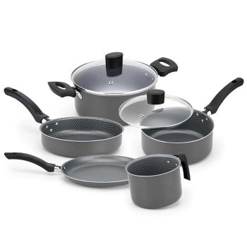 Conjunto de Panelas 5 Peças Alegrete Basic em Alumínio com Revestimento Antiaderente e Tampa de Vidro com Saída de Vapor – Cinza