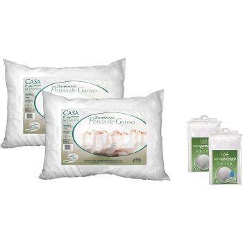 Capa Protetora de Travesseiro 2 Peças Percal 200 Fios + Kit Travesseiro Pena de Ganso 2 Peças – Casa & Conforto