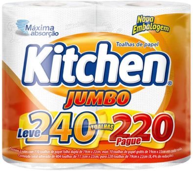 Papel Toalha Kitchen Jumbo Folha Dupla – Pack com 2 rolos de 120 unidades de 19×22 cm cada