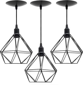 Combo Kit com 3 Pendentes Aramado Diamante Preto Luminária Metal Lustre 18Cm Sala