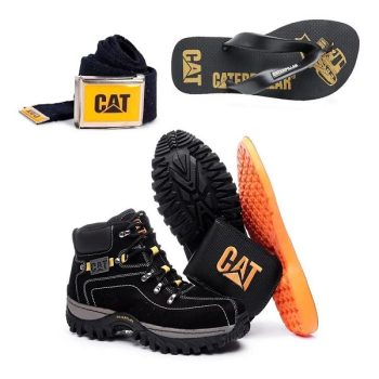 Kit Bota Caterpillar Couro Original Chinelo Carteira Cinto
