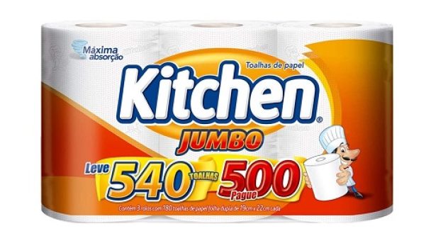 Papel Toalha Kitchen Jumbo Folha Dupla – Pack com 3 rolos de 180 unidades de 19×22 cm cada