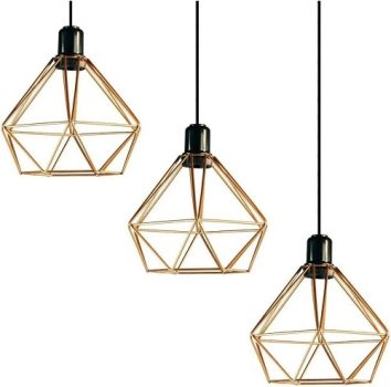 Conjunto Lustre Pendente Diamante Triplo Aramado E27 Cobre