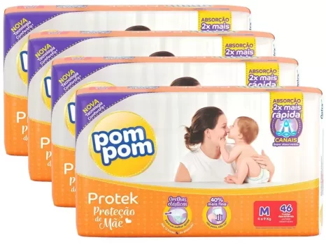 Kit Fraldas Pom Pom Protek Proteção de Mãe Tam. M – 46 Unidades Cada 4 Pacotes