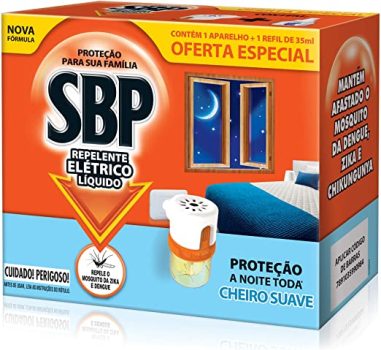 Repelente Elétrico Líquido SBP 45 Noites Cheiro Suave Novo Aparelho + Refil, SBP, Laranja e Azul