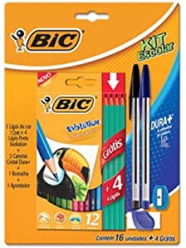 Kit Escolar, BIC, Lápis de Cor Sextavado + 4 Lápis Preto Evolution + 2 Canetas Cristal Dura + 1 Borracha + 1 Apontador