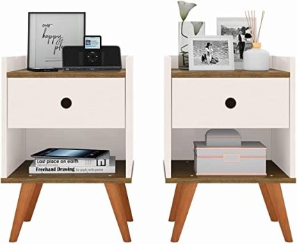 Kit 2 Mesa de cabeceira Retrô Decore 1 Gaveta – Off White com Freijo – RPM Móveis