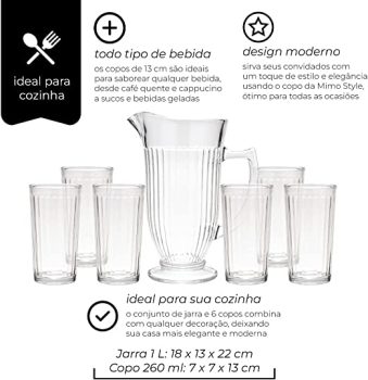 Mimo Style – Jogo de Jarra 1L e 6 Copos de Vidro 260ml | Transparente Linha Slim com Alto Relevo, Kit Prático para Sua Cozinha, Ideal para Servir Água, Suco e Outras Bebidas