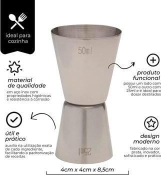 Mimo Style – Dosador Duplo, Possui Dois Lados de Medição, Garante a Dosagem Exata Para Seu Drink, 50 ml Lado Maior e 25 ml Menor, Material em Aço Inoxidável na Cor Prata