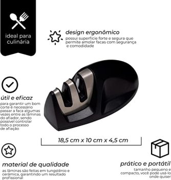 Mimo Style Amolador de Facas Manual, Material de Aço Inox e Plástico Emborrachado de Ótima Qualidade, Leve e Fácil de Manejar, Formato Ergonômico e Prático, Possui Dois Encaixes (Amolar e Afiar)