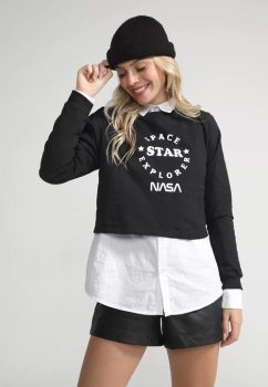 Blusa de Moletom Flanelada Cropped Fechada FiveBlu Nasa Preta