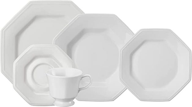 Serviço de Jantar e Chá em Porcelana, 20 Peças, Modelo Octogonal Prisma, Branco, Porcelana Schmidt