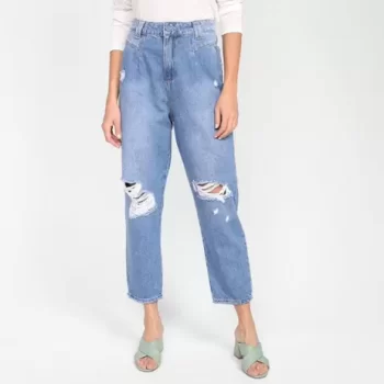 Calça Jeans Sawary Rasgada Cintura Alta Feminina