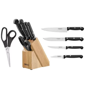 Jogo de Facas Tramontina Ultracorte Lâminas Aço Inox Preto 6 peças + Suporte de Madeira