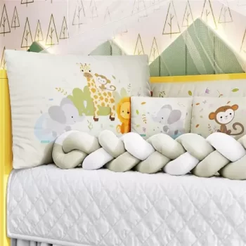 Berço Americano 3 em 1 Mila Branco Grão de Gente e Kit Berço Trança Bege Selva Baby Estampa Grão de Gente