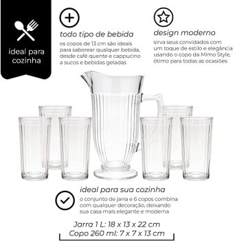 Mimo Style Jogo de Jarra 1L e 6 Copos de Vidro 260ml Transparente Linha Slim com Alto Relevo, Kit Prático para Sua Cozinha, Ideal para Servir Água, Suco e Outras Bebidas