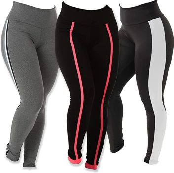 Kit 3 Calças Leggings Diversas Suplex – bicolor preta branca/kaya preta rosa/listras cinza