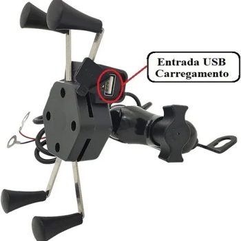 Suporte de Celular com Carregador 2.4a USB Garra para Moto Fixação no Retrovisor ou Parafuso do Guidão