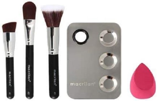 Kit com 3 pincéis para maquiagem, 1 esponja e 1 placa – KP10-1, Macrilan
