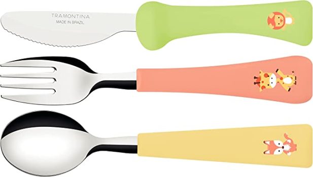 Jogo de Talheres Infantil Tramontina Baby Friends com Lâminas de Aço Inox e Cabos de Polipropileno Colorido 03 Peças