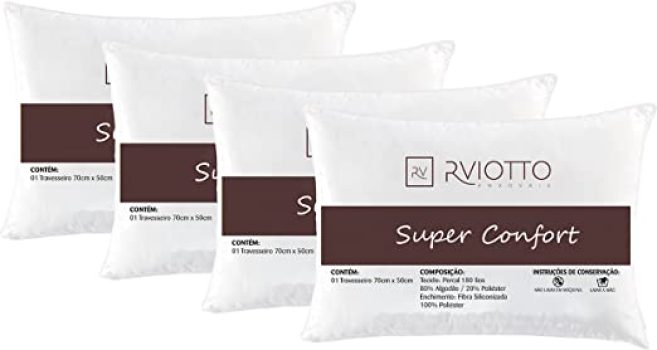 Kit Com 04 Travesseiro Percal 180 Fios Algodão Extra Macio Fibra Siliconada