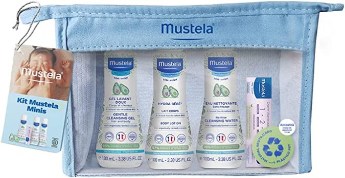 Kit Minis Mustela Bebê e Criança (Água de Limpeza + Hydra Bebê + Gel Lavante + Creme Vitaminado Preventivo de Assaduras) Edição limitada, Tamanho prático para levar para qualquer lugar, Mustela Bebê