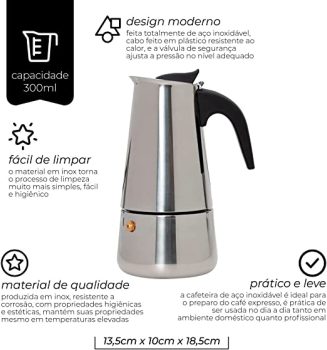 Mimo Style Cafeteira Italiana Moka de Aluminio Com Alça Café Expresso Para 6 Cafézinhos, Capacidade 300 ml, Feita de Materiais Leves e de Alta Qualidade Ideal Para sua Cozinha