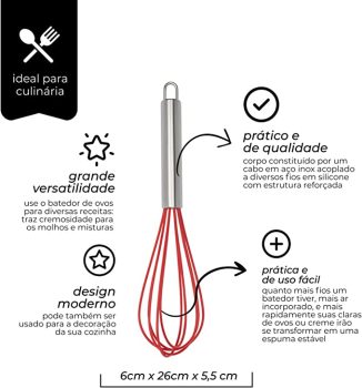Mimo Style Batedor de Ovos e Massas Fouet, Cabeça de Silicone e Cabo em Inox de Excelente Durabilidade, Belo Design, Útil Para Diversas Receitas, Massas de Bolo, Tortas, Pães, Cremes e Claras em Neve