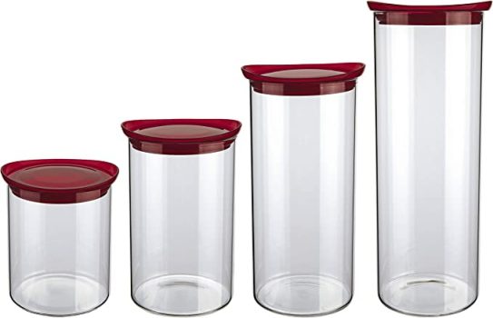 Conjunto com 4 Potes de Vidro transparente Slim com tampa plástica, VDR6989-4, Euro Home