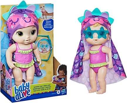 Baby Alive Bebê Dia de Sol Loira – Boneca de 25 cm, com Acessórios para Brincar na Água – F2568 – Hasbro, Rosa, amarelo, verde, roxo e azul