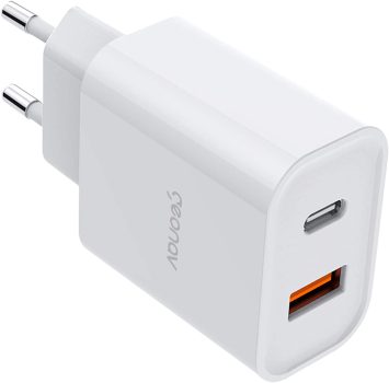 Carregador Universal Ultra Rápido Duo, 1 X USB-C Power Delivery 20W, 1 X USB Quick Charge 18W, Branco, CH20PDQC, Geonav