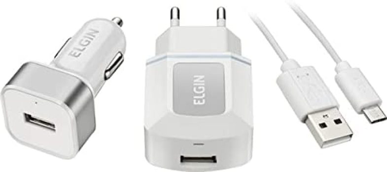 Kit Carregador USB de Tomada Bivolt, Carregador Veicular 1 Saída 1A, 5W e Cabo MicroUSB de 1 Metro, Elgin, 46RCK1USB00M, Branco