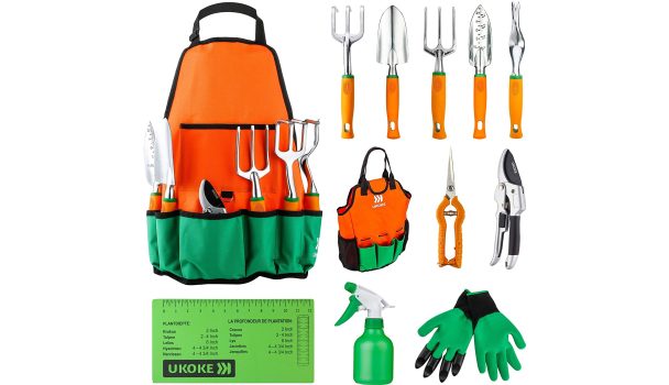 Conjunto de ferramentas de jardim UKOKE, de alumínio, avental de lona de jardim com bolso de armazenamento e alça ergonômica