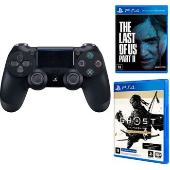 Controle Sem Fio Dualshock 4 Sony Ps4 – Preto + Game Ghost Of Tsushima Versão Do Diretor – Ps4 + Game The Last Of Us Part Ii – Ps4