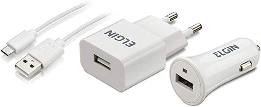 Kit Carregador USB de Tomada Bivolt, Carregador Veicular 1 Saída 1A, 5W e Cabo MicroUSB de 1 Metro, Elgin, 46RCK1USB00M, Branco