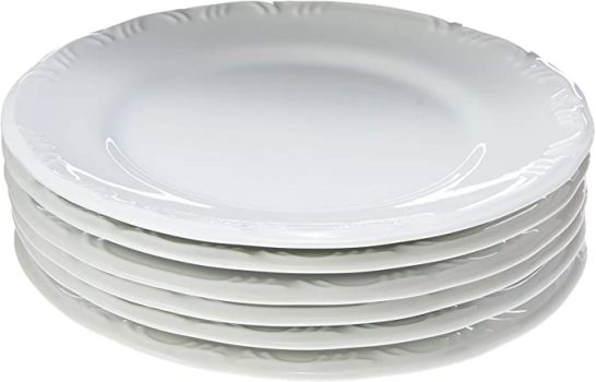 Estojo com 6 Pratos Rasos em Porcelana – Modelo Redondo com Relevo Pomerode – Branca – fabricado pela Schmidt.