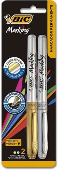 Pincel Marcador Permanente BIC Marking, Cores Metálicas, 2 Unidades, 1 Prata + 1 Dourado, Com Grip, 903936
