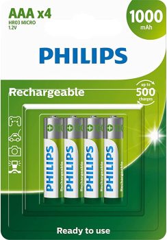 Pilha recarregável AAA 1.2V 1.000mAh, PHILIPS, padrão, R03B4RTU10/59