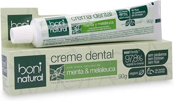 Creme Dental com óleos naturais de Menta e Melaleuca Vegano e Natural, Sem Flúor, Sem Triclosan, Boni Natural, Branco