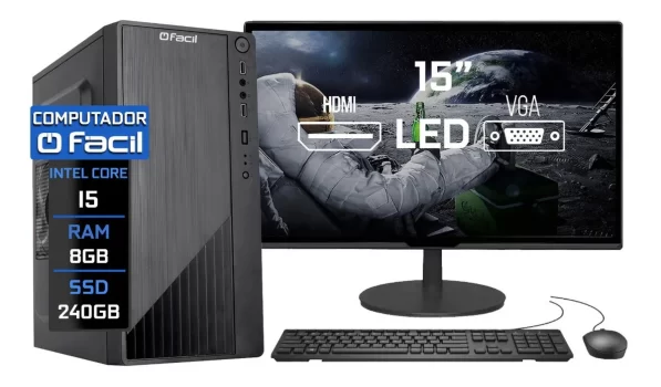 Pc Completo Fácil Intel I5 08gb Ssd 240gb + Monitor Led 15”