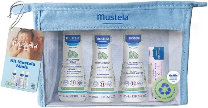 Kit Minis Mustela Bebê e Criança (Água de Limpeza + Hydra Bebê + Gel Lavante + Creme Vitaminado Preventivo de Assaduras) Edição limitada, Tamanho prático para levar para qualquer lugar, Mustela Bebê