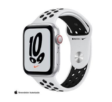 Apple Watch Nike SE GPS + Cellular, 40 mm Caixa Prateada de Alumínio Pulseira Platina/preto