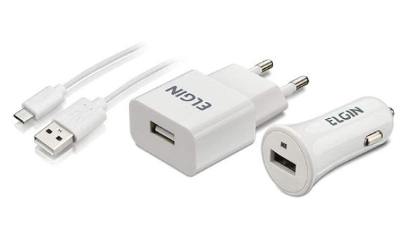 Kit Carregador USB de Tomada Bivolt, Carregador Veicular 1 Saída 1A, 5W e Cabo MicroUSB de 1 Metro, Elgin, 46RCK1USB00M, Branco