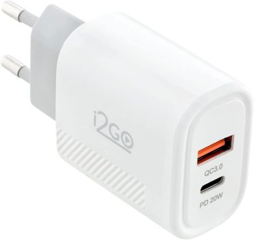 Carregador de Parede Ultra Rápido com 1 Saída USB-C Power Delivery 20W + 1 Saída USB-A 18W I2GO – i2GO PRO, Branco