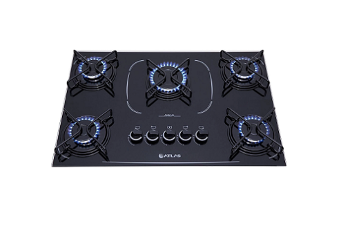 Cooktop 5 Bocas a Gás Atlas Agile Up Glass com Mesa de Vidro e Queimador Mega Chama Bivolt
