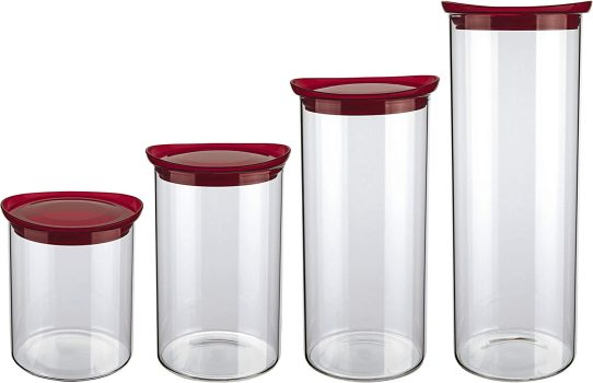 Conjunto com 4 Potes de Vidro transparente Slim com tampa plástica, VDR6989-4, Euro Home